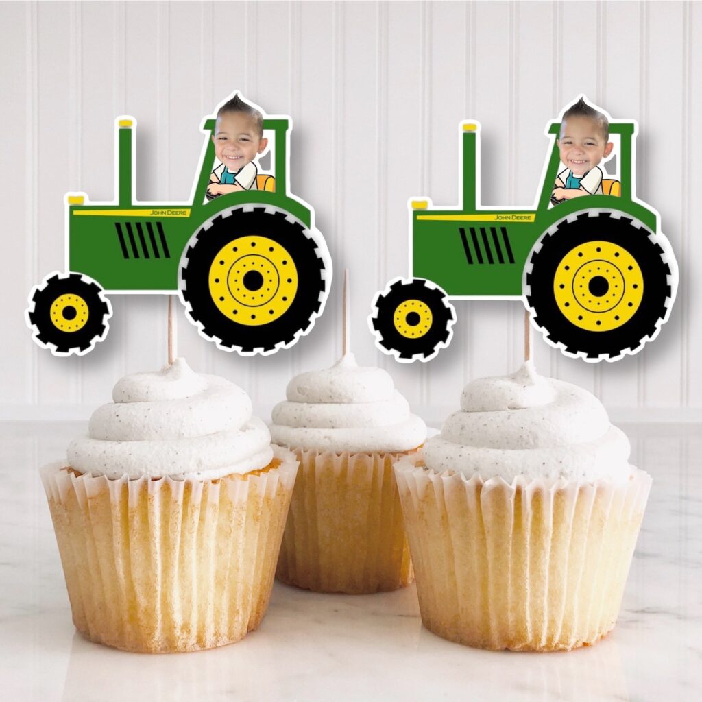 John Deere Custom Face Cupcake Toppers for a John Deere themed party.